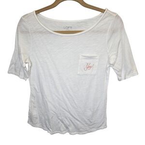 LOFT Outlet Women's XS Embroidered "Yay!" Short Sleeve Cotton Shirt White
